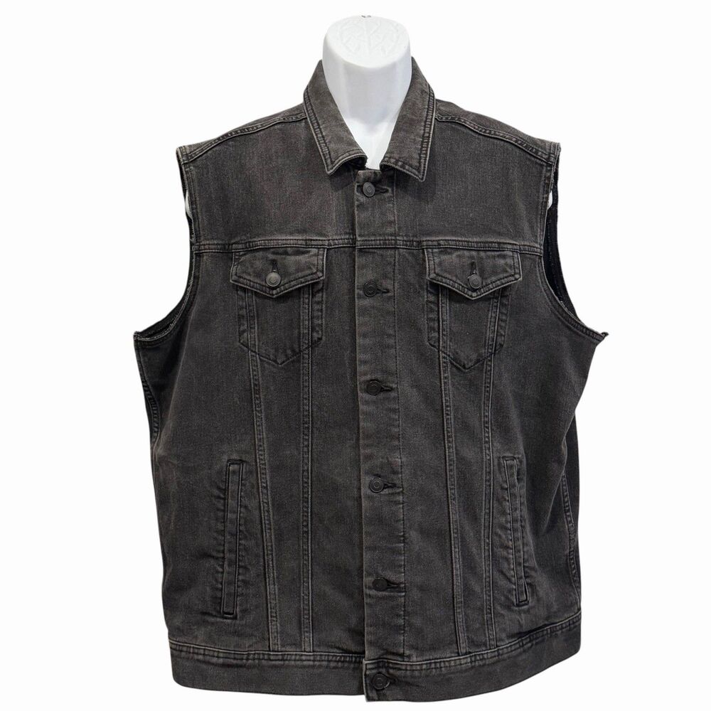 Mens XL Denim Cutoff Jean Vest Sleeveless Button Up George Black Charcoal